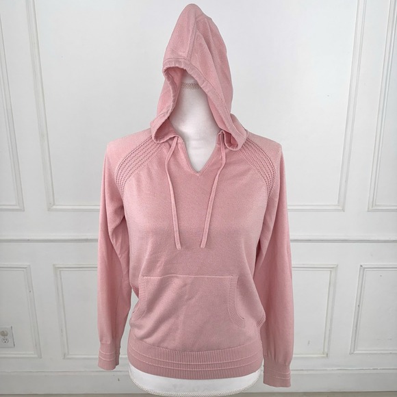 Athleta Pink Knit V Neck Hoodie Pocket Casual Sweater Top Women's XS - Picture 4 of 10